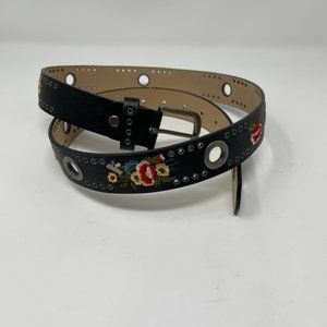 black belt floral embroidery grommets boho style L/XL